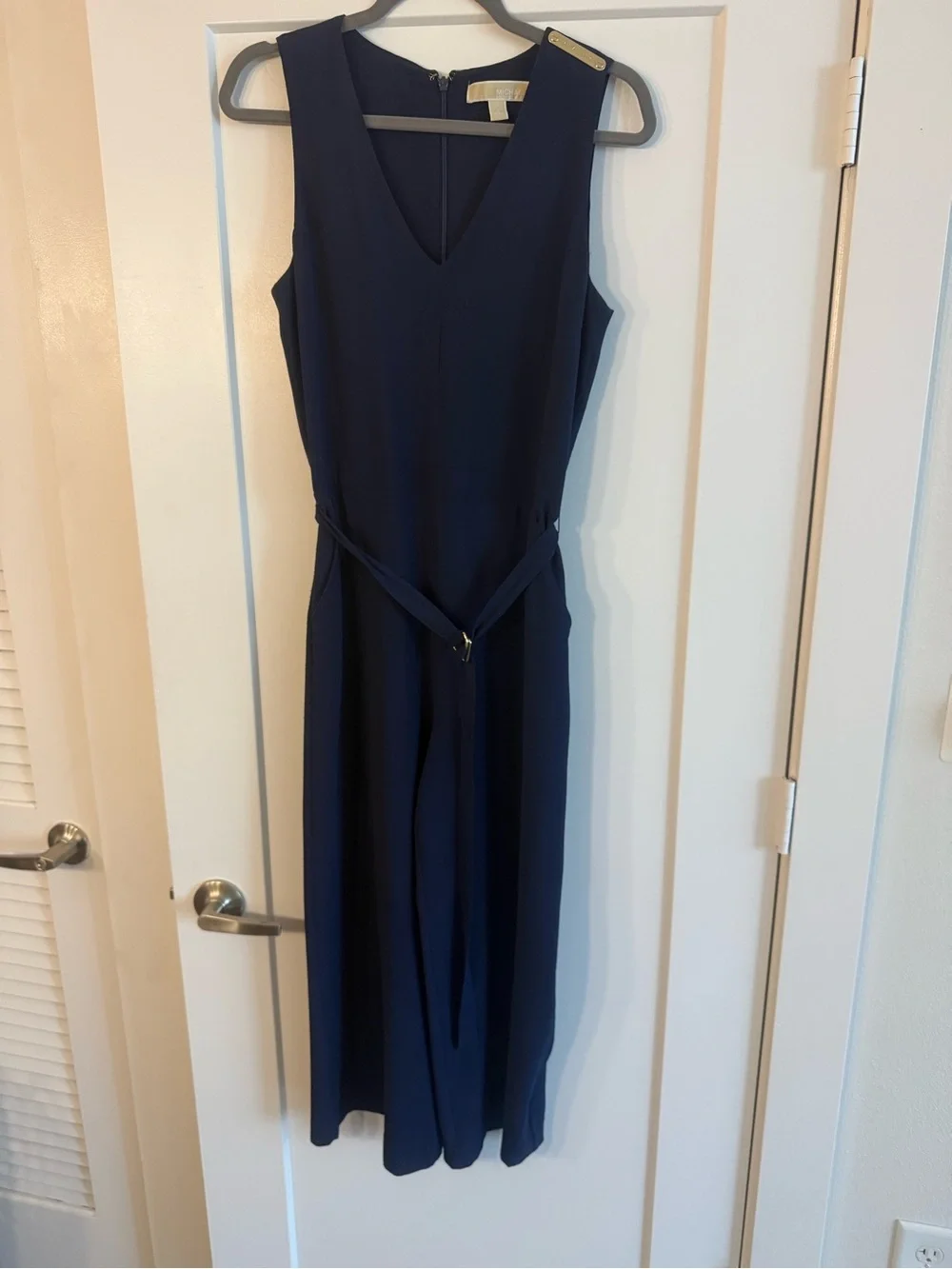 Michael Kors Navy Sleeveless V-Neck Jumpsuit with Waist Tie